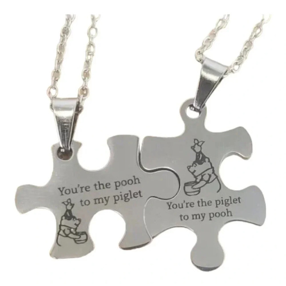Piglet and Pooh Puzzle Piece Necklace Set of Two Best Friend, Partner, Lovers - Picture 1 of 13